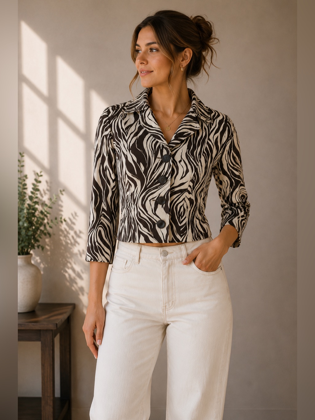 Sunny Leigh Brown And Cream Zebra Crop 4 Button Blazer 3/4 Sleeves